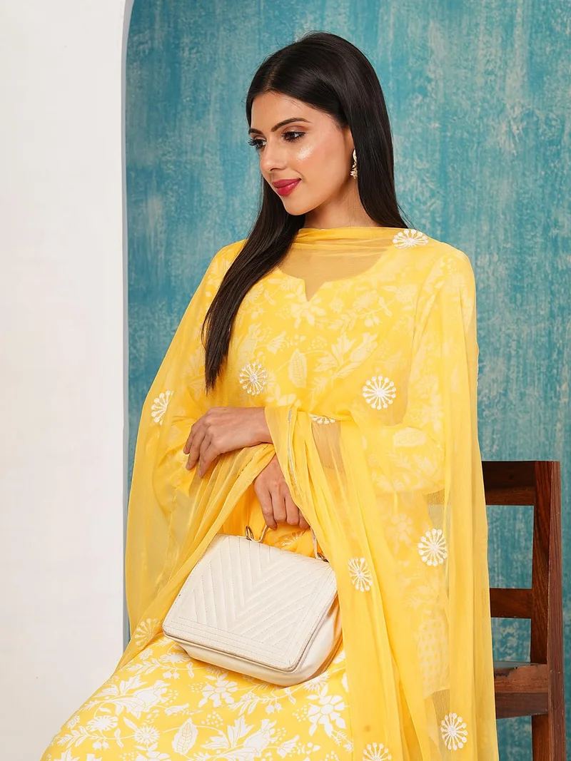 GoSriKi  GoSriKi Women's Cotton Blend Straight Printed Kurta with Pant & Dupatta (MEI YELLOW-ND-GS_L_Yellow_Large) for Women | Best Price UAE